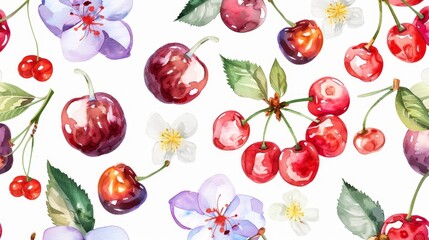 Watercolor cherry seamless pattern. Summer berries, fruits, leaves, flowers background. Vector illustration for spring cover, tropical wallpaper texture, backdrop, wedding invitation