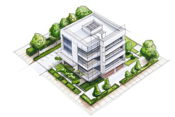 A soft watercolor rendering of green building