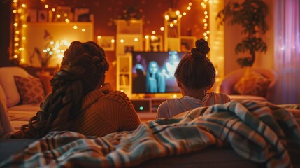 Cozy Movie Night Friends Fun and Fairy Lights in a Perfect Living Room Setting