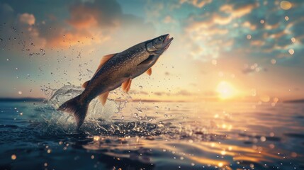 Obraz premium A fish jumps out of the water as the sun sets in the background, with ripples and waves visible on the surface