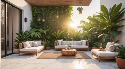 Fototapeta premium Luxury marble terrace around green exotic plants