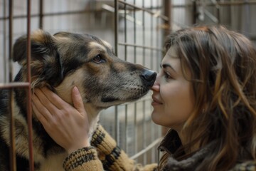 Woman showing affection to dog in a shelter. Heartwarming moment inside an animal rescue. Humane and tender snapshot with emotional depth. Animal adoption awareness. Generative AI