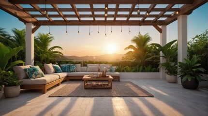 Obraz premium Luxury terrace in exotics, minimalist vintage style