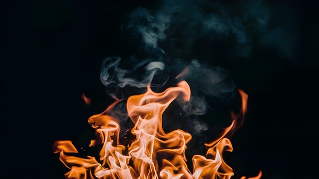 Fiery flames and billowing smoke against a black backdrop, orange flames and yellow, flickering with intense energy..