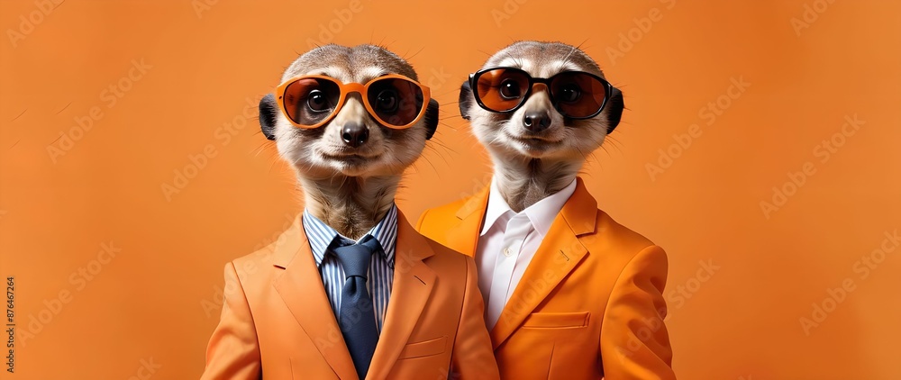 Sticker Meerkat in sunglasses in an orange jacket on an orange background, place for text, empty space