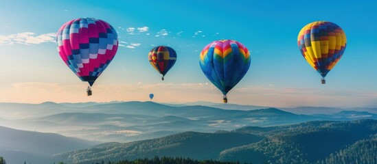 Fototapeta premium Colorful hot air balloons flying over the mountain.
