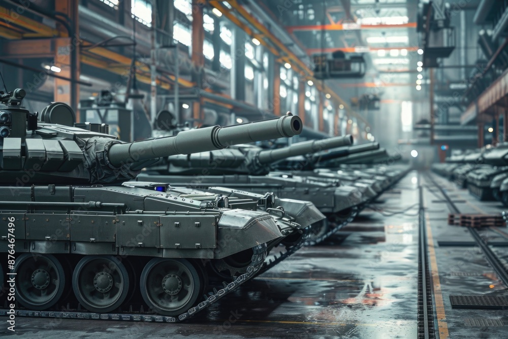 Poster a row of tanks sitting in a storage facility