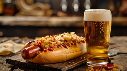 Craft Beer and Gourmet Hotdog Delight Savory Pairing on Rustic Table