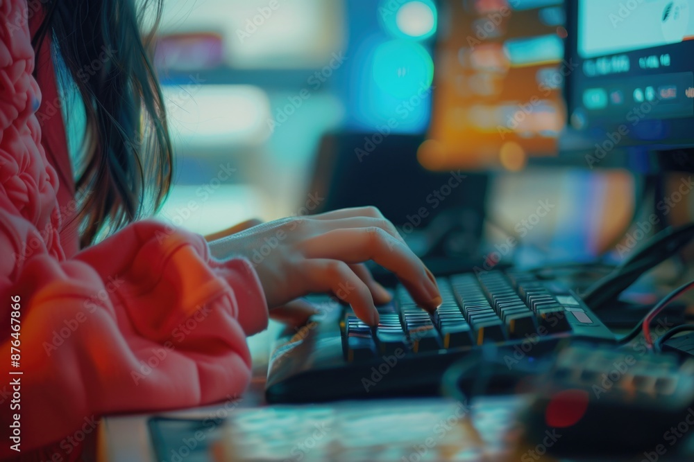 Poster A person sitting at a desk with a computer and keyboard, focused on their work