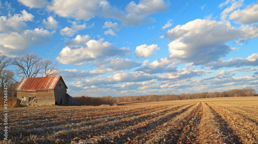 Poster A simple farm scene with a barn and a blue sky