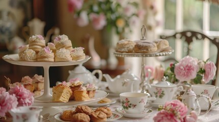 Elegant Tea Party Delights Serene Scene of Ladies Enjoying Tea Scones and Pastries in Soft Lighting and Floral Surroundings Canon EOS R 50mm Lens