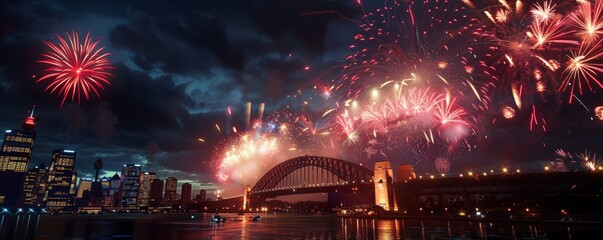 Sparkling Skyline Vibrant Fireworks Display Over Iconic Bridge in New Year's Eve Celebration Stunning Sony A7 III Captured Moment with Cheering Crowd and Illuminated Cityscape