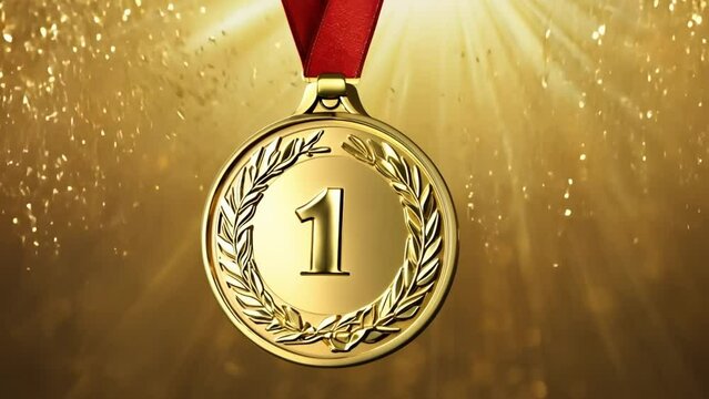 A gold medal featuring a red ribbon and the number 1 prominently displayed on it, symbolizing the highest achievement or first place in a competition.