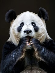 Fototapeta premium A very surprised and shocked panda with its mouth open and paws touching its head. Funny inspired animal