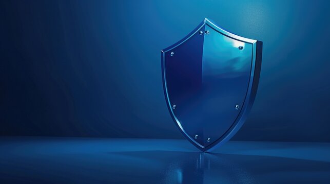 A shiny blue shield sits on a smooth surface, reflecting light
