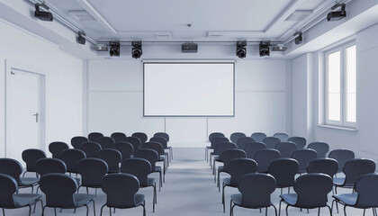 Empty conference room with rows of black chairs facing a white projector screen, ready for a presentation or meeting