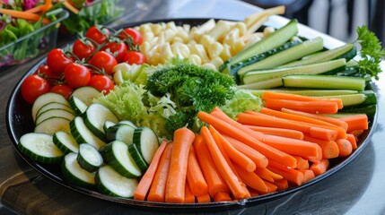 Colorful Vegetable Platter with Carrots, Cucumbers, Cherry Tomatoes for Fresh Healthy Snacking or Party