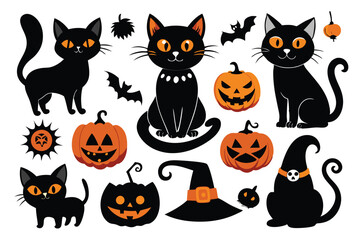 Happy Halloween. Mega set of black cat with yellow eyes in different poses with a pumpkin, on a broomstick, in a hat of a witch and other elements isolated on a white background. Cartoon, vector