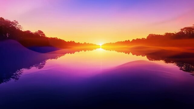 A beautiful sunset over a lake with a reflection of the sun on the water. The sky is a mix of pink and purple hues, creating a serene and peaceful atmosphere