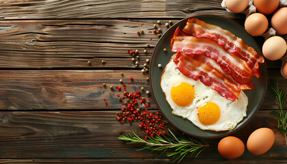 Tasty bacon and eggs in dish among products on wooden table, flat lay. Space for text
