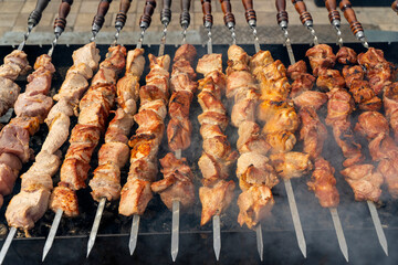 Kebab skewer meat dish. BBQ meat on grill. 