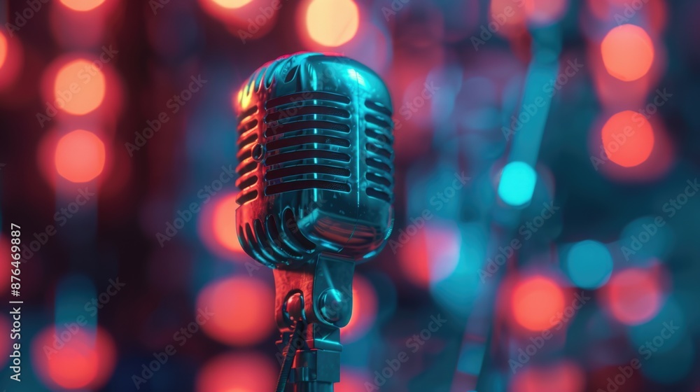 Poster A close-up view of a microphone positioned on a stand, suitable for use in music recording studios or live performances
