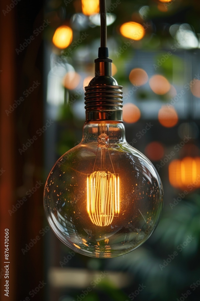 Poster a photograph of a single light bulb suspended from the ceiling, captured in a detailed and intimate 
