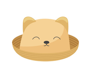 Children outerwear fabric childish unisex panama hat with cute cat face pattern isolated on white