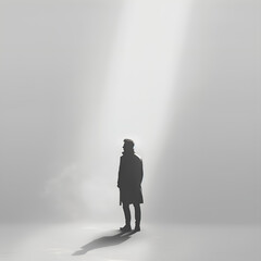 Fototapeta premium black and white image featuring a solitary man standing under a beam of light in an otherwise dark and foggy environment