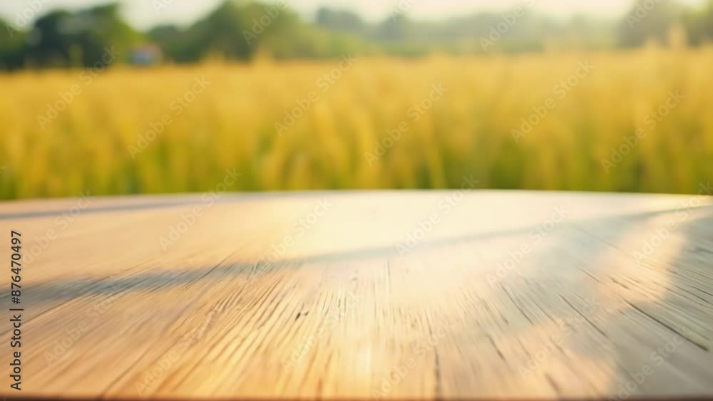 Poster a wooden table with a grassy background. the table is empty and the grass is tall. the sun is shinin