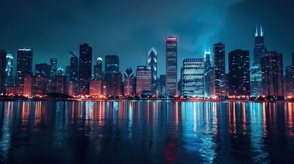 A city skyline at night with glowing lights reflecting off skyscrapers, capturing urban beauty. Generative AI