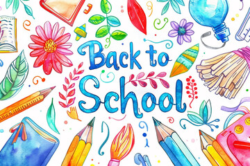 Watercolor painting with doodles of school supplies, featuring the text "Back to School" in bold letters. The design includes symbols like pencils, erasers, books, etc., Generative AI
