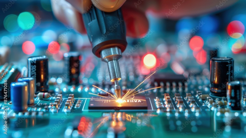 Poster a man is working on a computer board with a soldering iron. the board is lit up with lights, and the