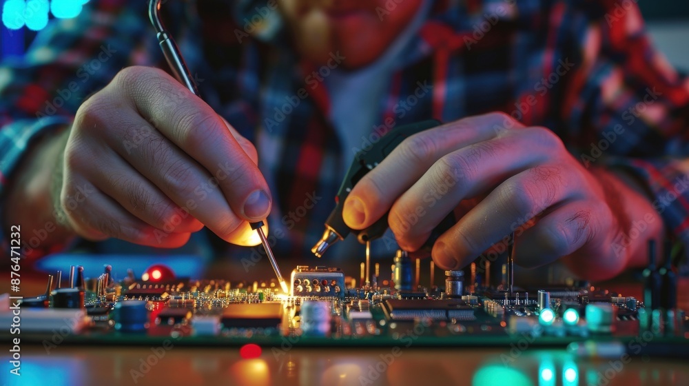 Poster a man is working on a computer board with a soldering iron. the board is lit up with lights, and the