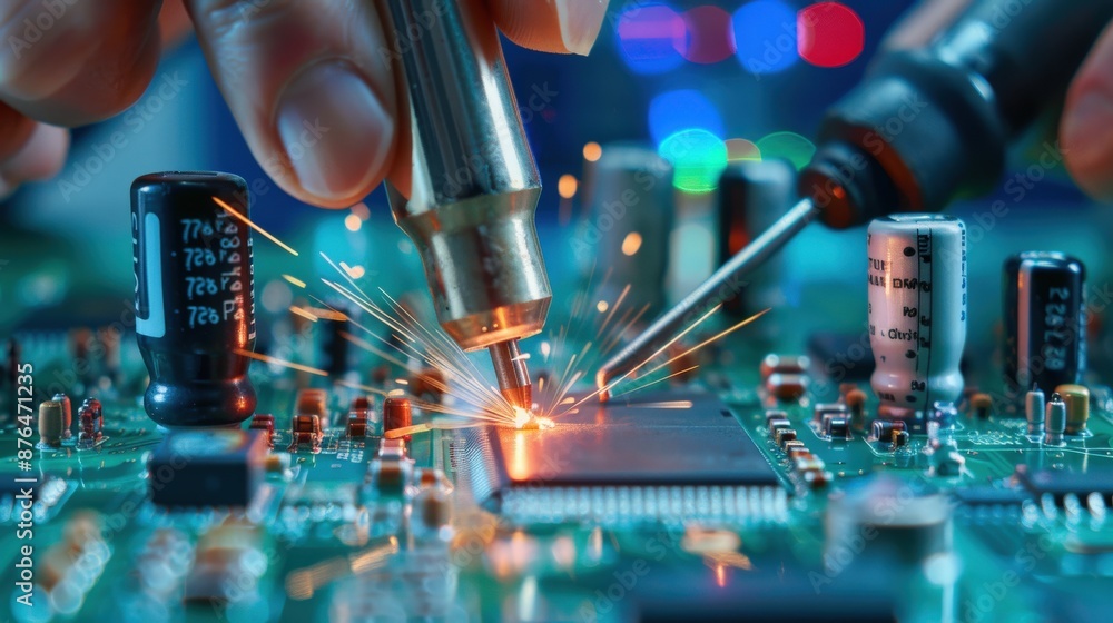 Poster a man is working on a computer board with a soldering iron. the board is lit up with lights, and the