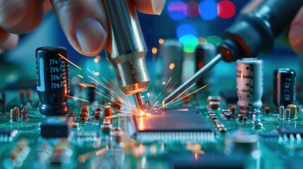 A man is working on a computer board with a soldering iron. The board is lit up with lights, and the man is focused on his task. Scene is focused and determined
