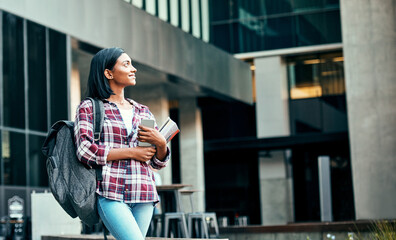 Thinking, student or woman in university with books for education, future or studying in engineering college. Building, smile and happy Indian girl with research, school opportunity and scholarship