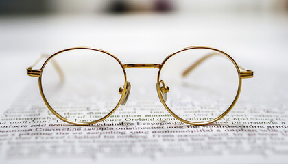 Vintage round eyeglasses with golden frame on an open book page ideal for reading or academic themes