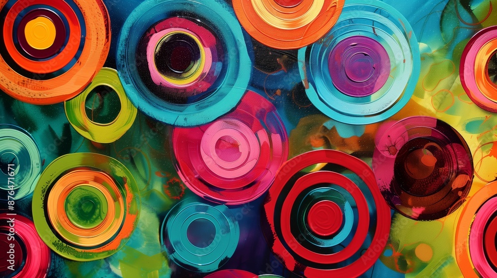 Poster abstract art with concentric circles in vibrant colors, creating a dynamic and captivating rhythmic 