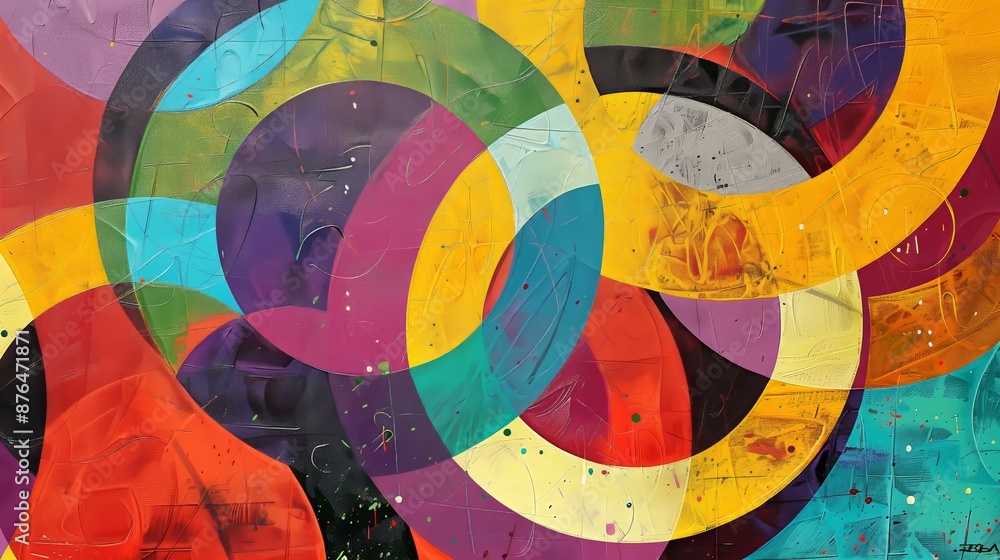 Poster abstract artwork with concentric circles in vibrant colors, creating a visually captivating composit