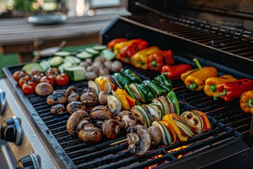 Close-Up of Grilled Vegetables on BBQ Grill for Outdoor Backyard Meal featuring Peppers, Zucchini, Mushrooms