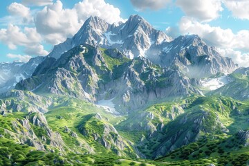 A serene mountain range against a clear blue sky with fluffy white clouds