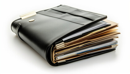 Black leather folder filled with assorted documents and papers ideal for business or office themes