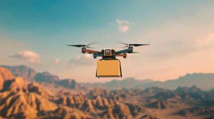 A drone is flying over a desert with a box on its nose