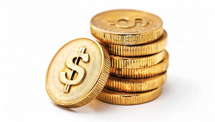 Stack of golden coins with a dollar sign isolated on a white background symbolizing wealth and finance