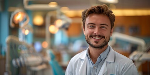 Fototapeta premium Smiling young male dentist in a dental clinic