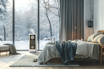 Modern Bedroom with Smart Heater Overlooking Snowy Winter Landscape - Design for Poster or Print