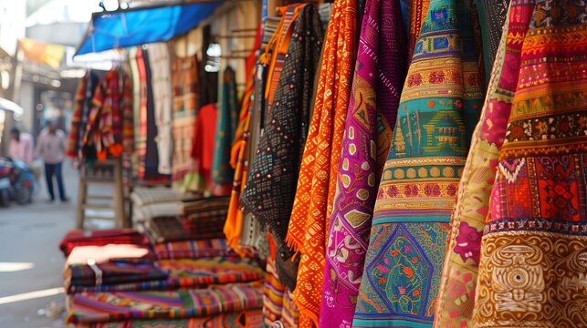 Chunri textiles, with rich colors and intricate patterns, captivate in a vibrant market setting.