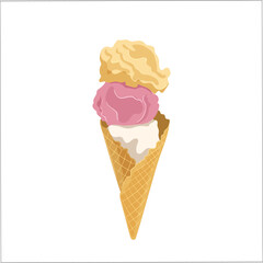 Crispy waffle cone with whipped twirl of colorful ice-cream portion isolated on white background