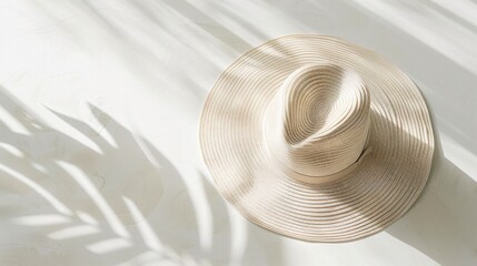 A wide-brimmed, bright sun hat resting on a clean, white surface